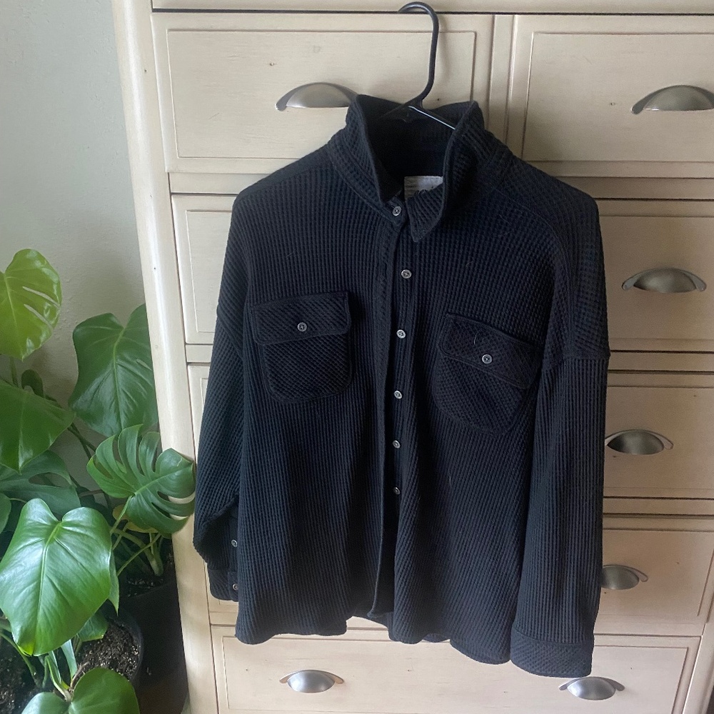 Aerie Waffle Knit Black Button-Up Oversized
